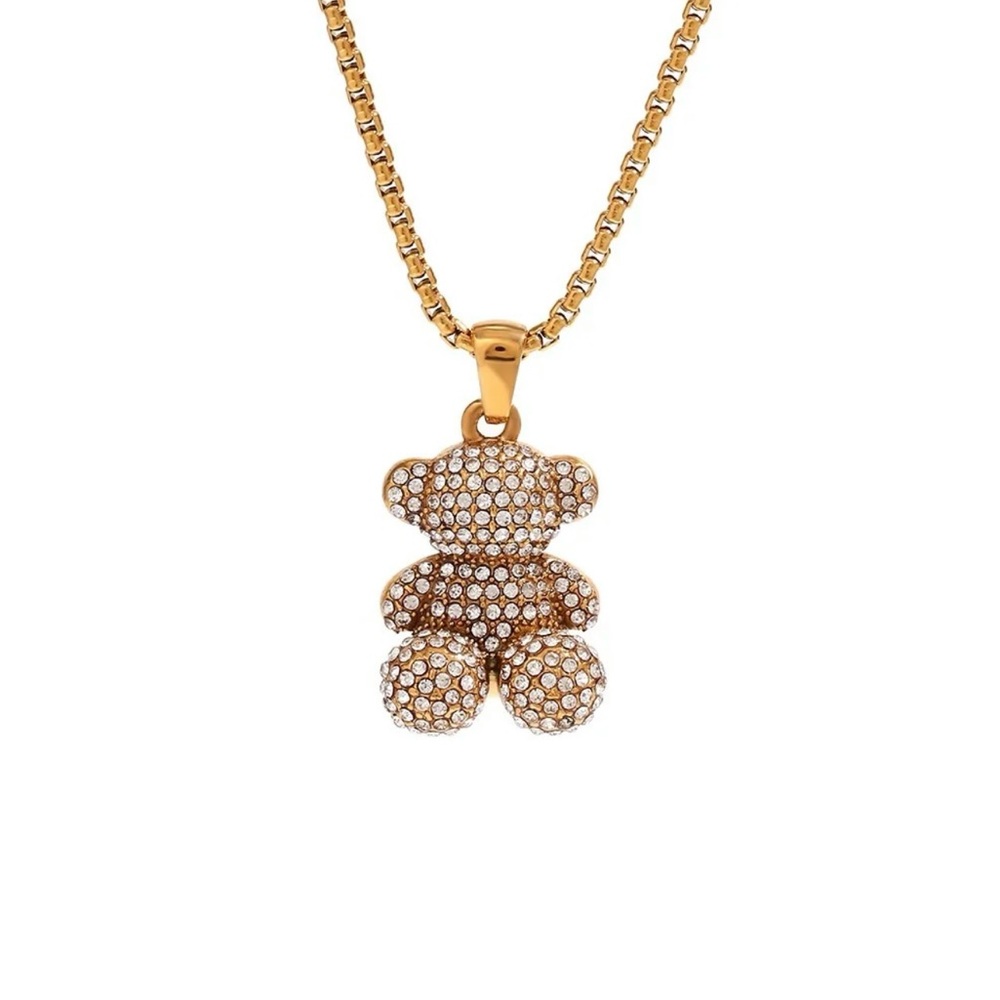 Studded Teddy Bear Pendant Necklace | Sitting